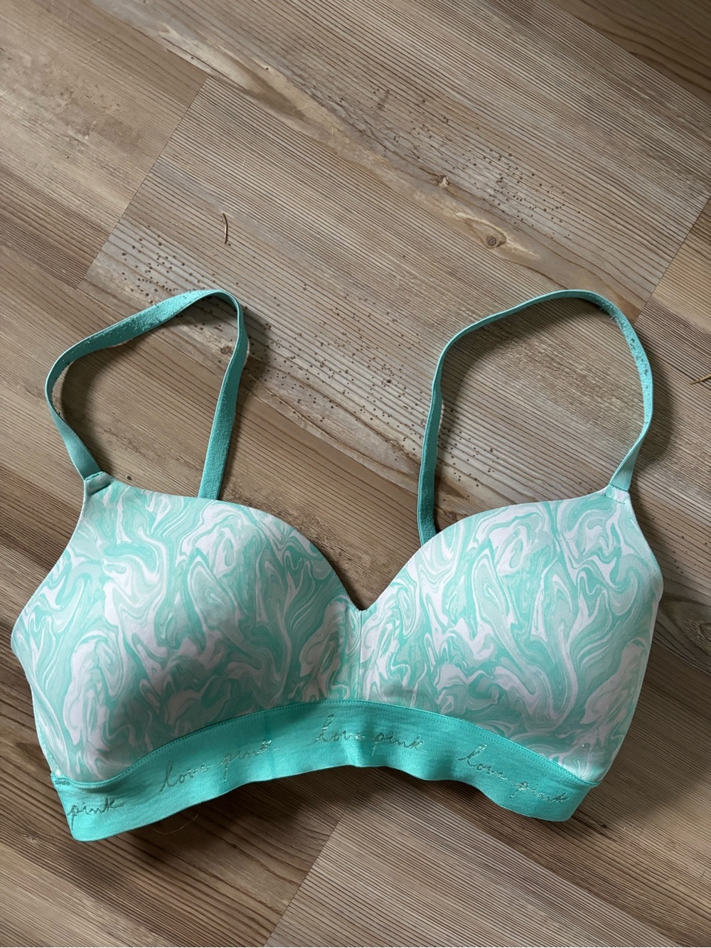 Y2K Retro Bold Teal Marble Swirl Lightly Padded No Underwire Love Pink Bra
